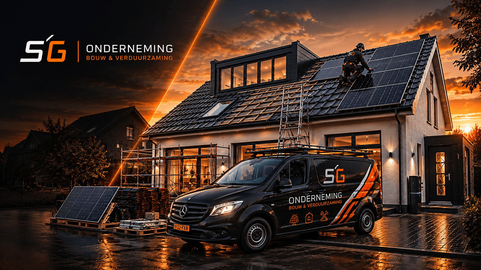 Bedrijfswagen van SG Onderneming bij een woning tijdens de schemering, met een monteur op het dak die zonnepanelen installeert