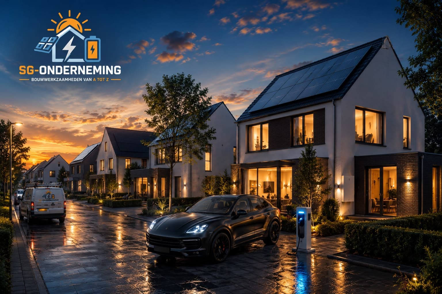 Moderne woonwijk in de schemering met zonnepanelen op de daken