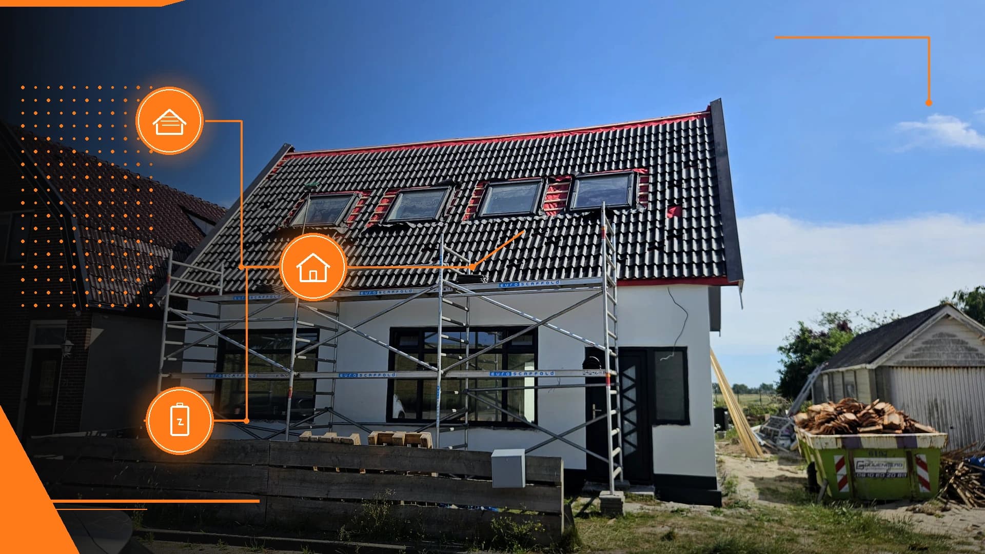 Dakrenovatie in uitvoering: dakkapel met dakramen en scaffolding