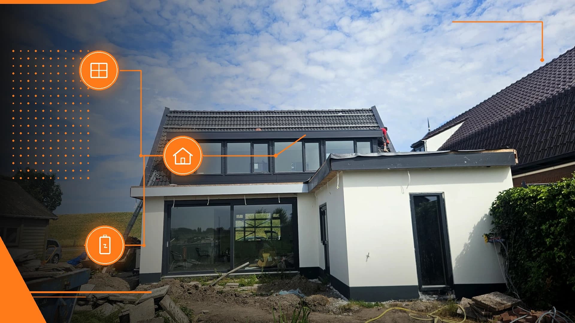 Verbouwing aan de tuinzijde met nieuwe kozijnen en dakbedekking
